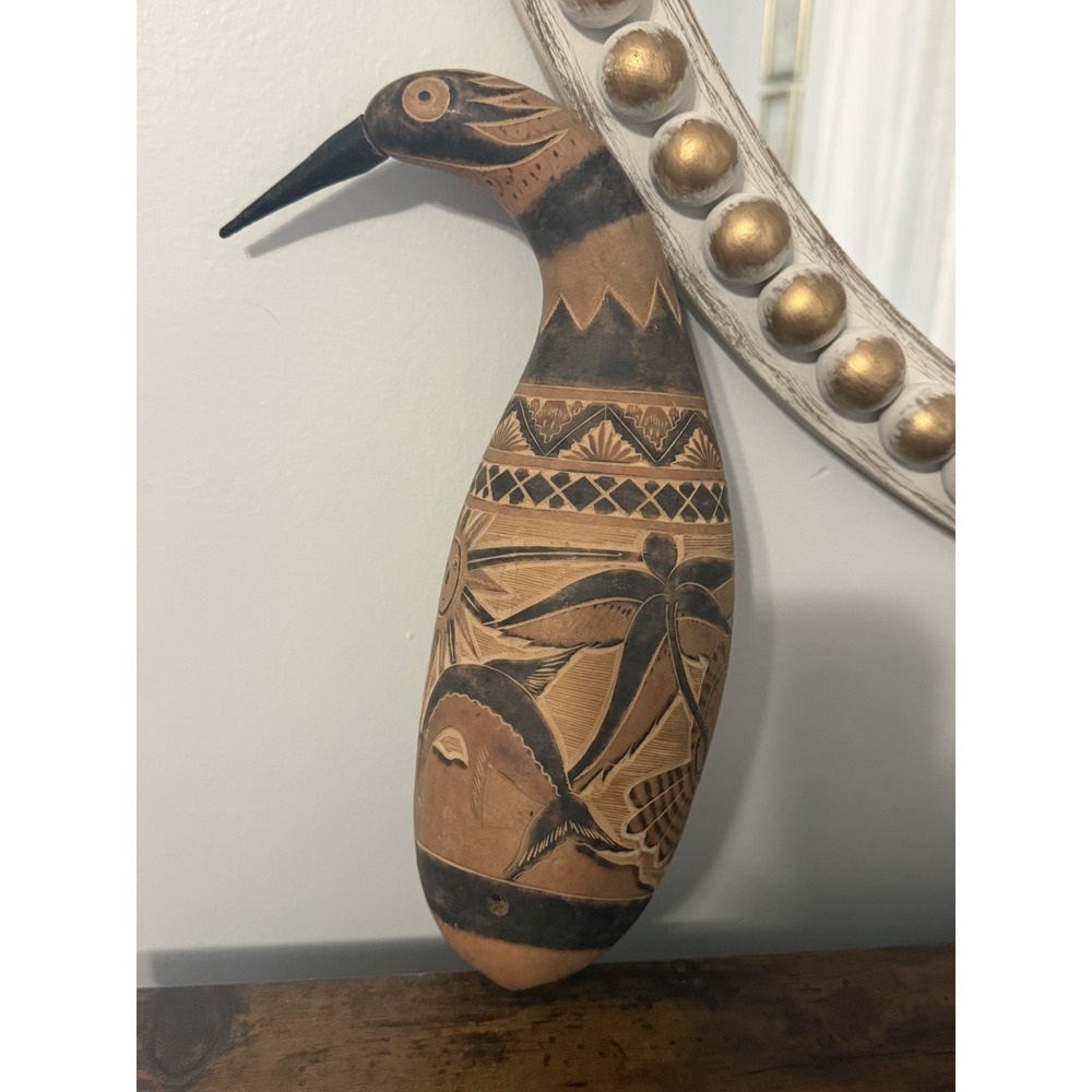 Vintage Hand Carved Etched Gourd Bird Sculpture Folk Art Missing Peg Feet